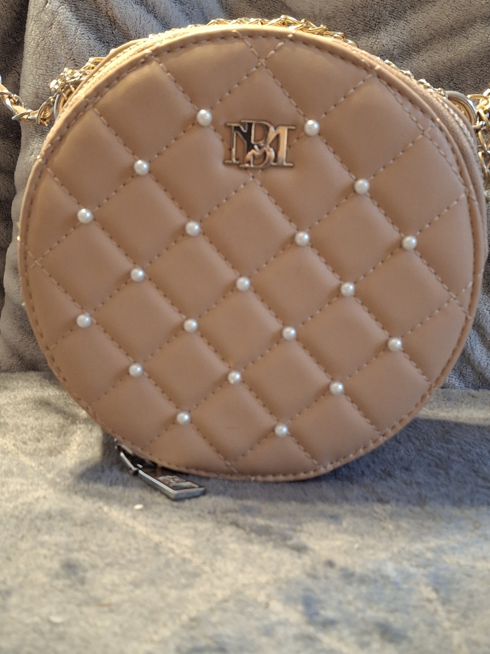 Badgley Mischka Quilted Pearl-Embellished Round Crossbody - Tan